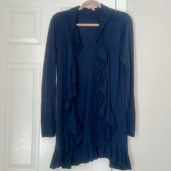 Vintage Lilly Pulitzer Pink Ruffle Cardigan Silk Blend Size Large Navy Blue - Picture 1 of 5